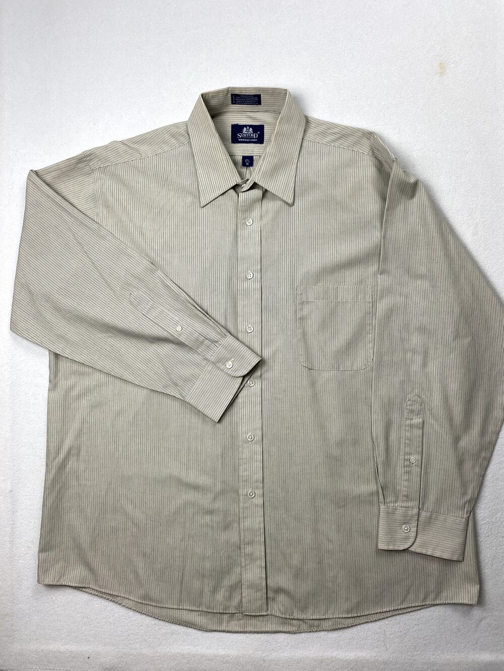 Stafford Dress Shirt 17 1/2 35 Beige Blue White Striped Long Sleeve Button Front